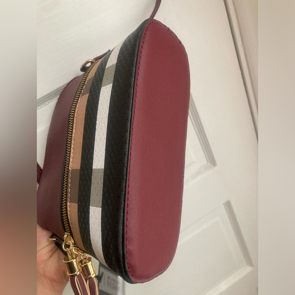 Burgundy and Multicolor Plaid Vegan Leather Crossbody Bag - Picture 10 of 16